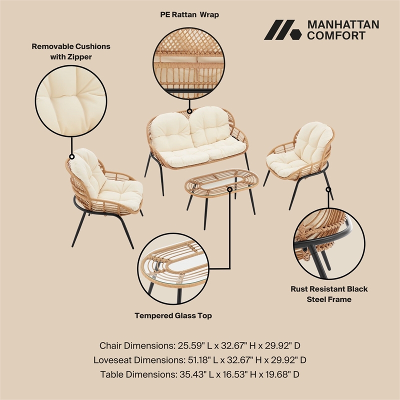 Manhattan Comfort Pine Modern 4-Piece Patio Conversation Set in Cream