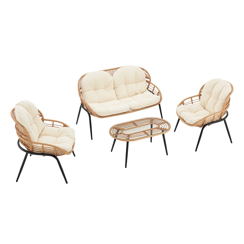 Manhattan Comfort Pine Modern 4-Piece Patio Conversation Set in Cream