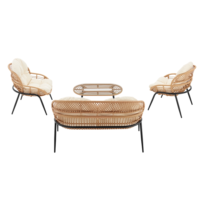 Manhattan Comfort Pine Modern 4-Piece Patio Conversation Set in Cream