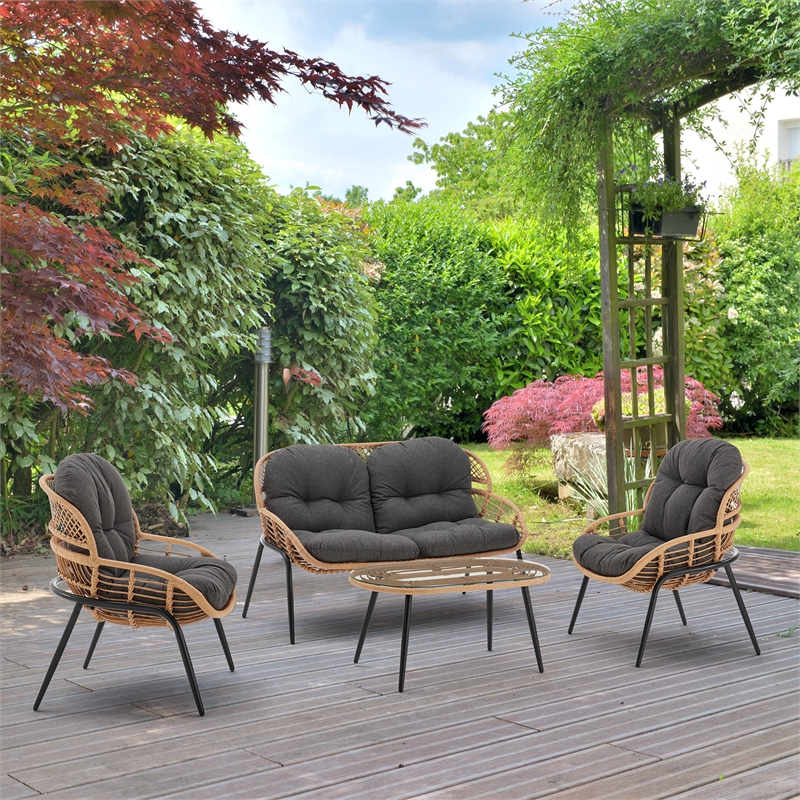 Manhattan Comfort Pine Modern 4-Piece Patio Conversation Set in Gray