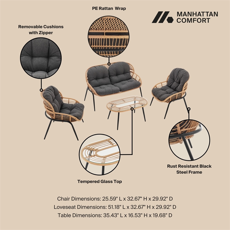Manhattan Comfort Pine Modern 4-Piece Patio Conversation Set in Gray