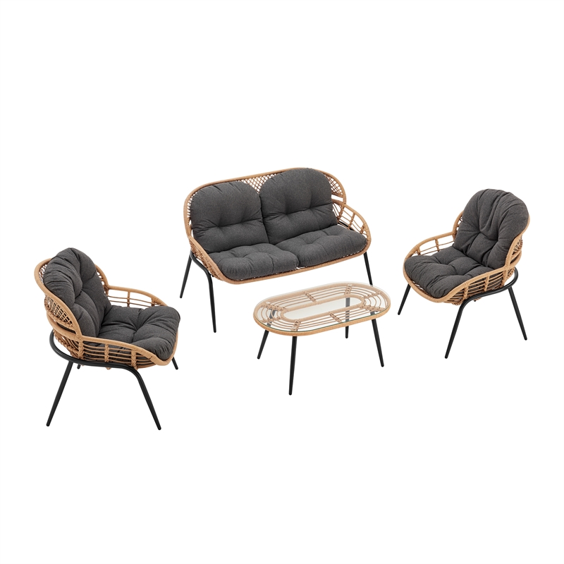 Manhattan Comfort Pine Modern 4-Piece Patio Conversation Set in Gray