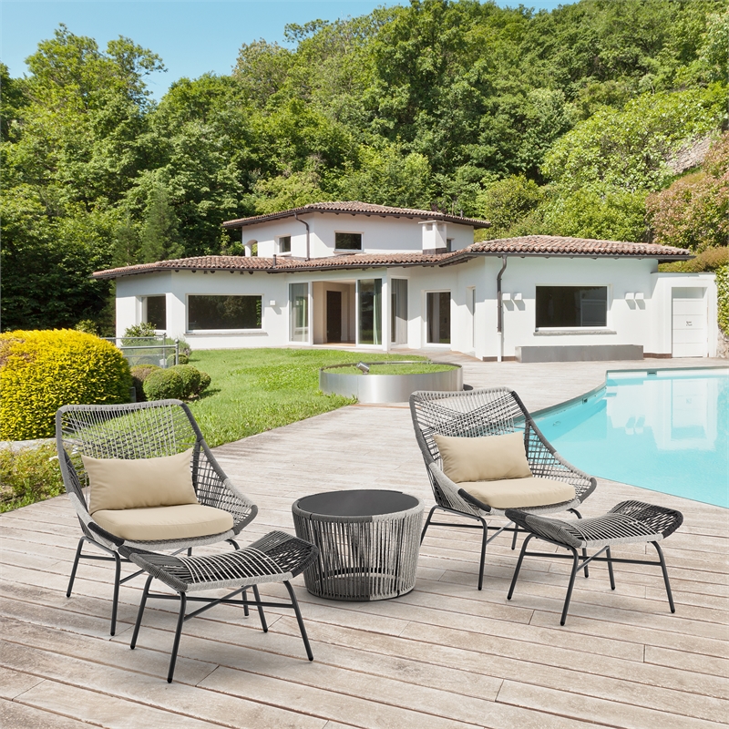 Ashland Modern 3-Piece Patio Conversation Set with Foot Ottomans in Cream