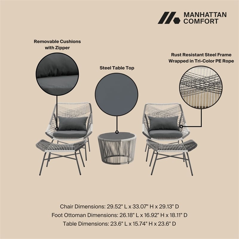 Ashland Modern 3-Piece Patio Conversation Set with Foot Ottomans in Gray