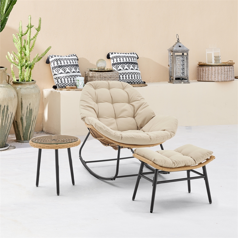 Benson Modern 3-Piece Patio Rocking Chair with Ottoman and Table in Cream