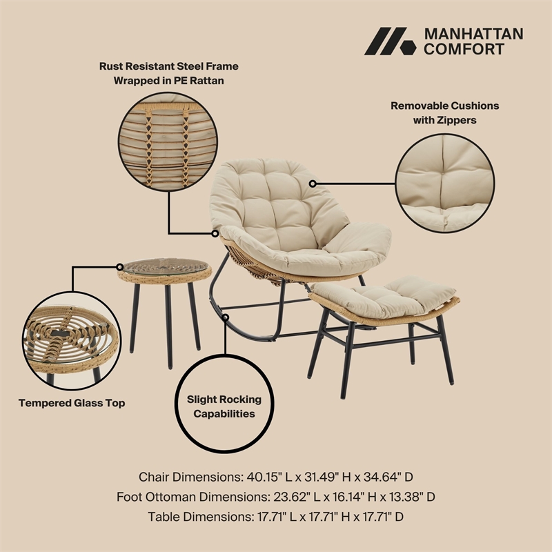 Benson Modern 3-Piece Patio Rocking Chair with Ottoman and Table in Cream