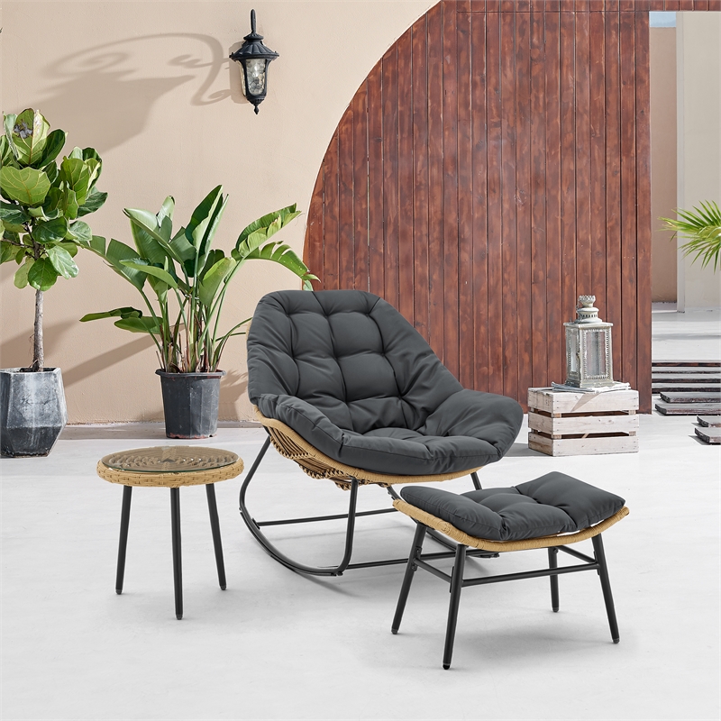 Benson Modern 3-Piece Patio Rocking Chair with Ottoman and Table in Gray