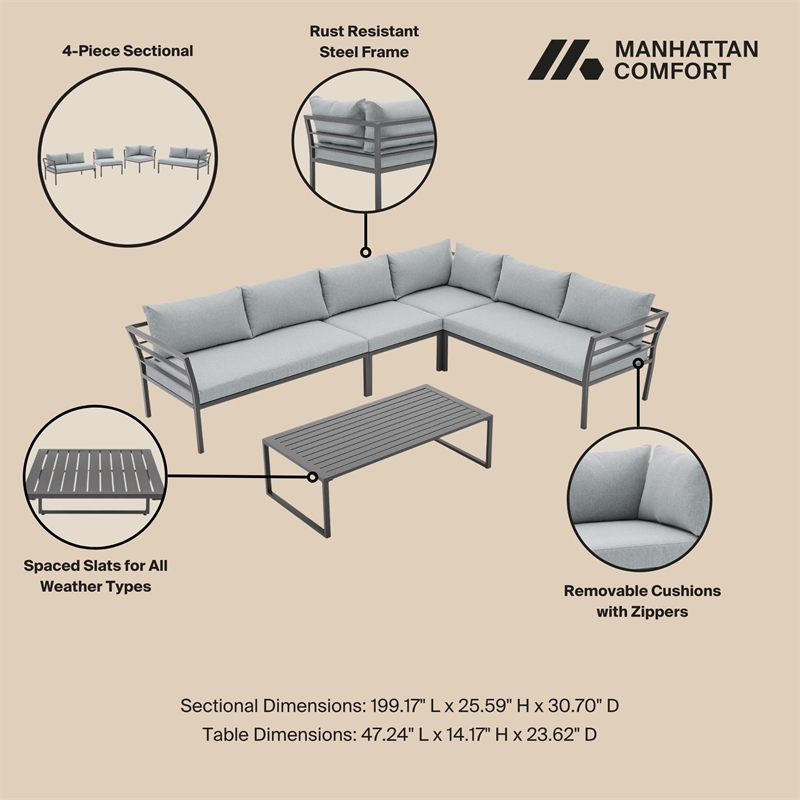 Sunnyside Modern Corner Patio Conversation Set with Table in Gray