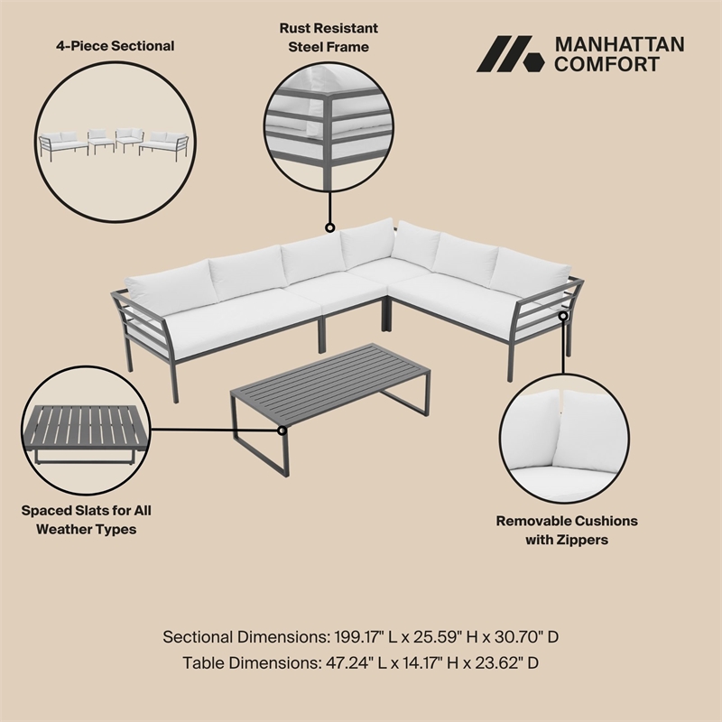 Sunnyside Modern Corner Patio Conversation Set with Table in White