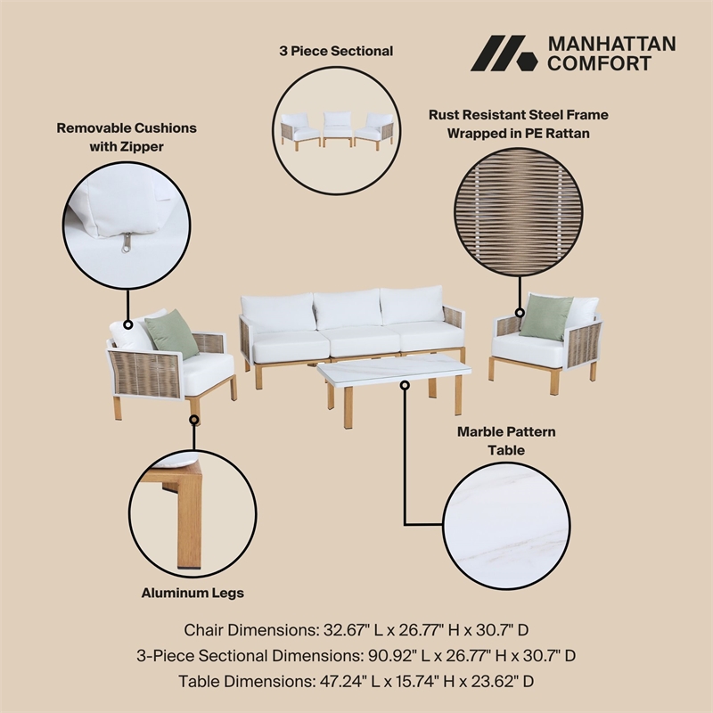 Manhattan Comfort Vine Modern 4-Piece Patio Conversation Set in Cream