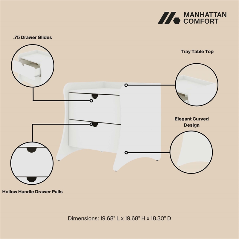 Manhattan Comfort Coney Mid-Century Modern 2-Drawer Nightstand in White