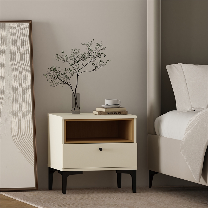 Amara Nightstand in Cream and Natural Oak made from Engineered Wood