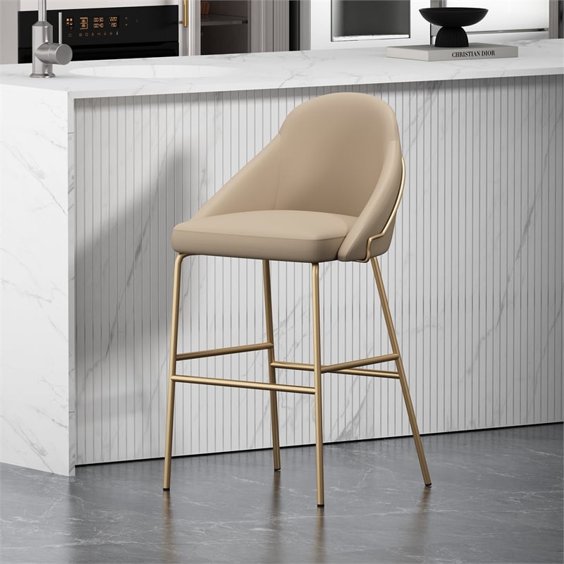 Gracie Tan and Gold Leatherette Barstool with Steel Legs