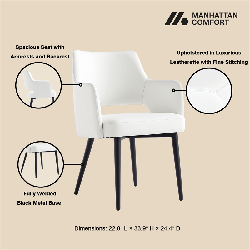 Tremont White Leatherette Dining Arm Chair with Metal Legs - Set of 2