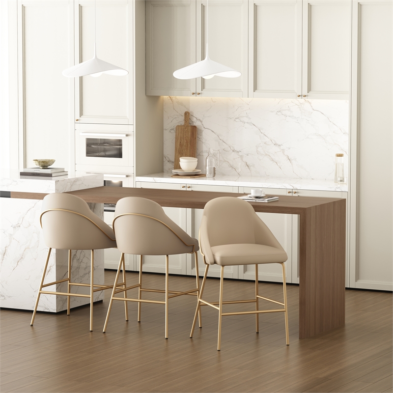 Gracie Tan and Gold Leatherette Counter Stool  with Steel Legs - Set of 3