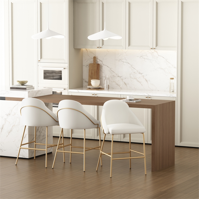 Gracie White and Gold Leatherette Counter Stool  with Steel Legs - Set of 3