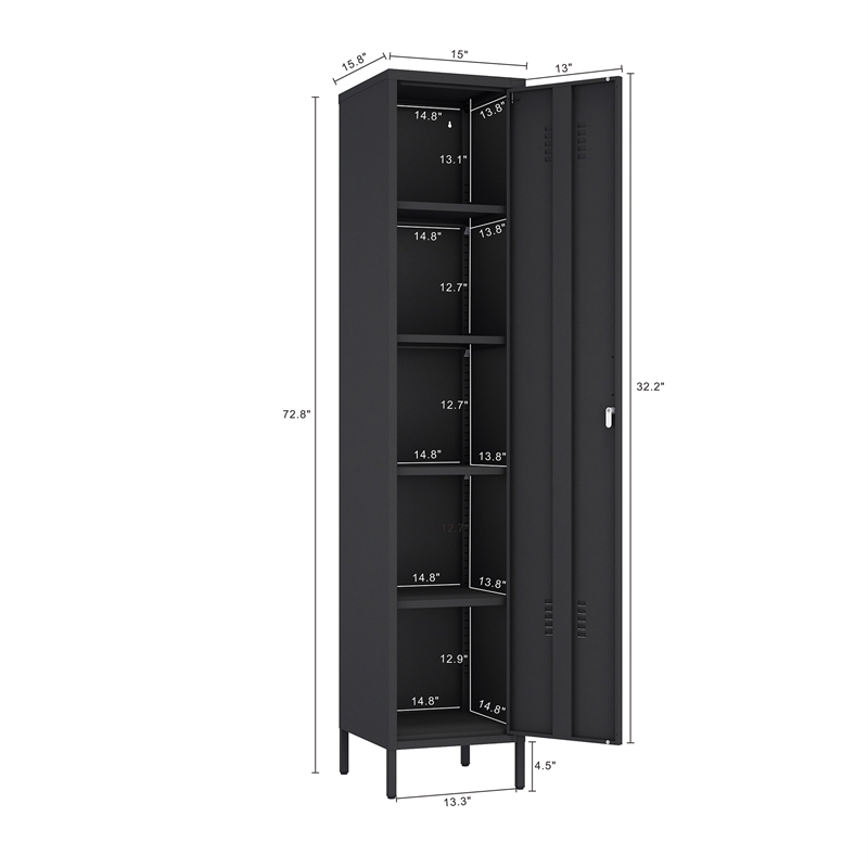 Naomi Modern 15 Single Locker Storage Cabinet with 5 Adjustable Shelves in Black