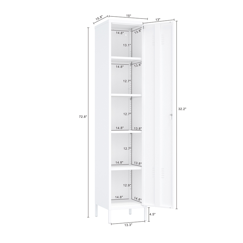 Naomi Modern 15 Single Locker Storage Cabinet with 5 Adjustable Shelves in White