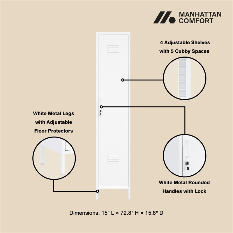 Naomi Modern 15 Single Locker Storage Cabinet with 5 Adjustable Shelves in White