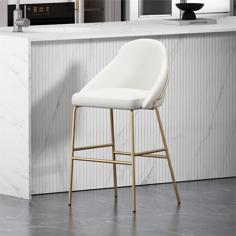 Gracie White and Gold Leatherette Barstool with Steel Legs