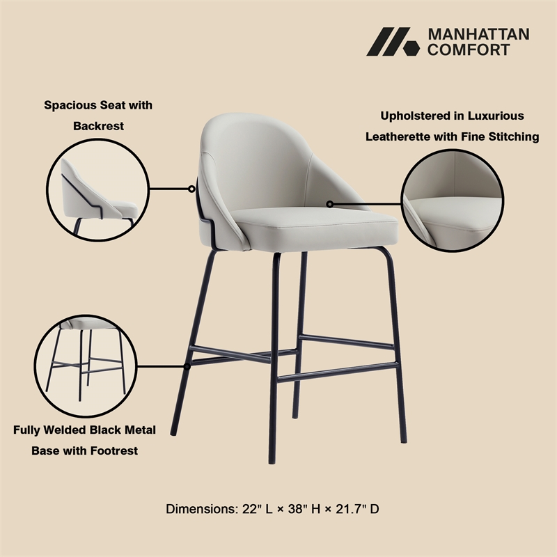 Gracie Stone and Black Leatherette Counter Stool  with Steel Legs