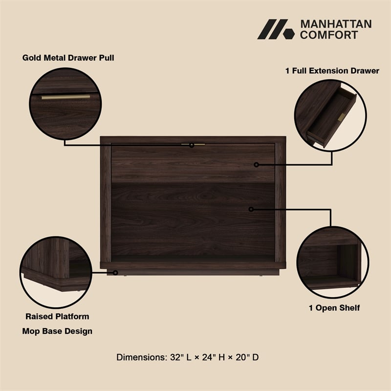 Evelyn Modern 32 Nightstand 2.0 with 1 Full Extension Drawer in Brown