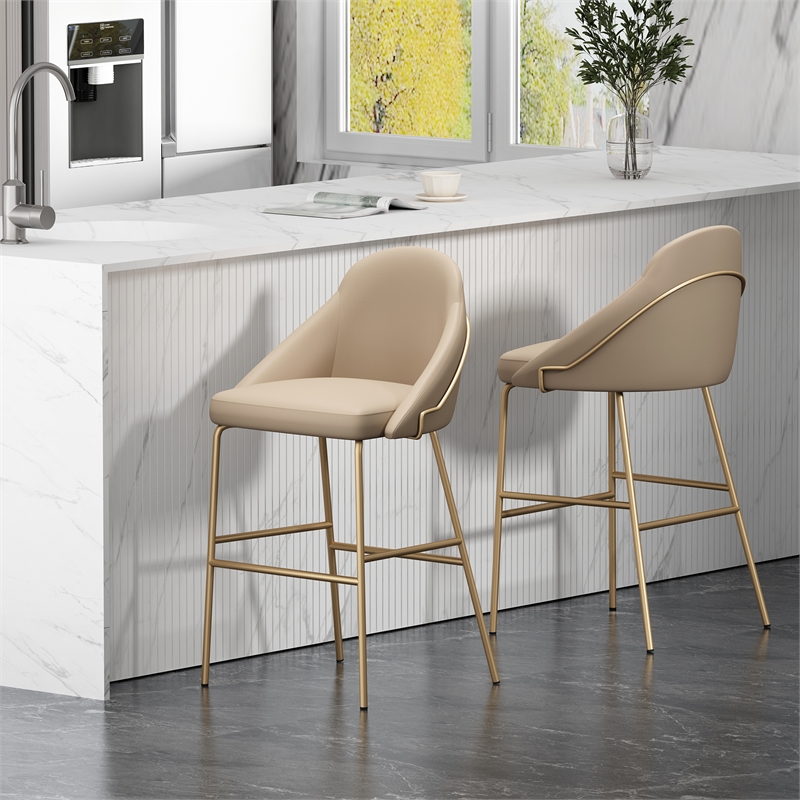 Gracie Tan and Gold Leatherette Barstool with Steel Legs - Set of 2