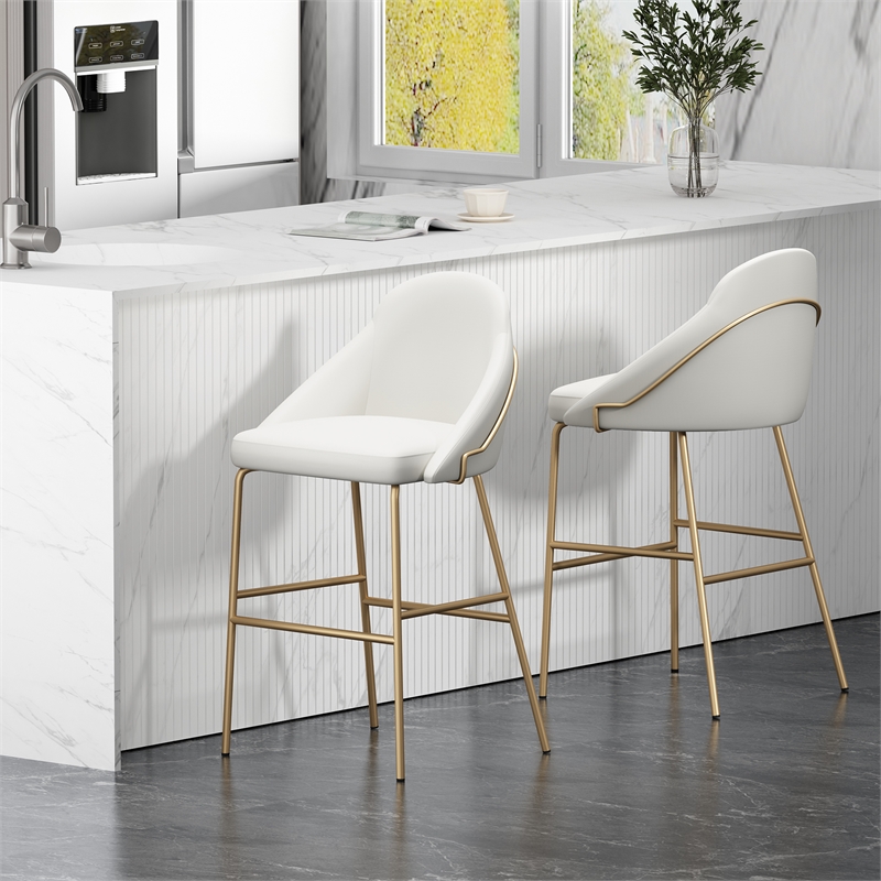 Gracie White and Gold Leatherette Barstool with Steel Legs - Set of 2