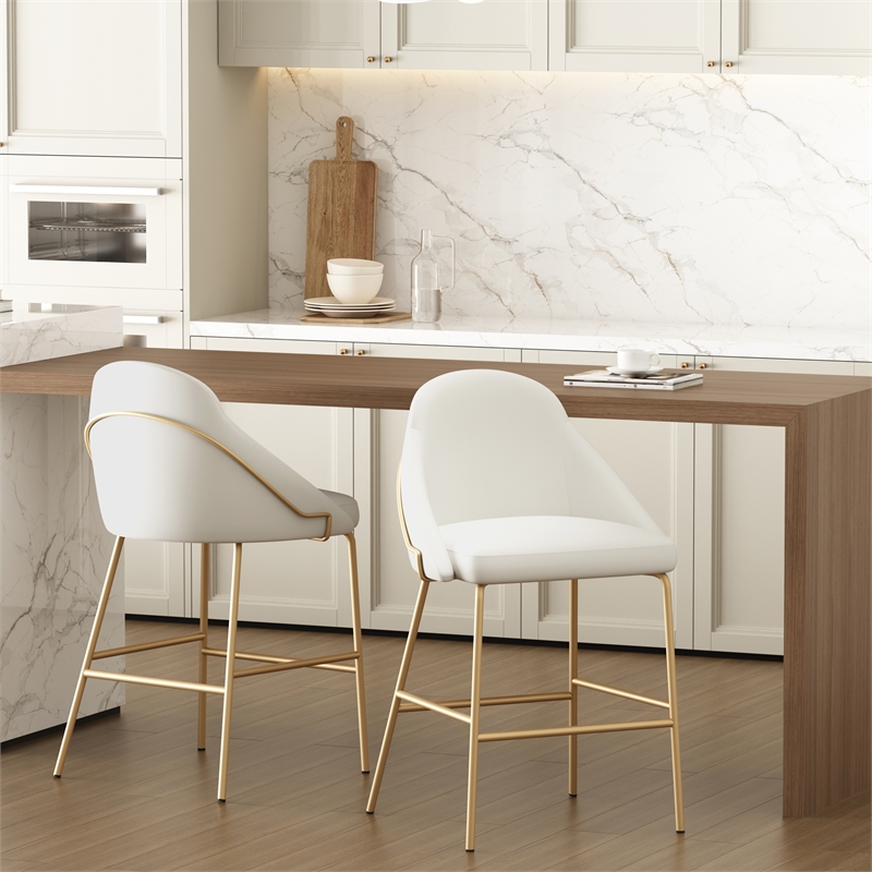 Gracie White and Gold Leatherette Counter Stool  with Steel Legs - Set of 2