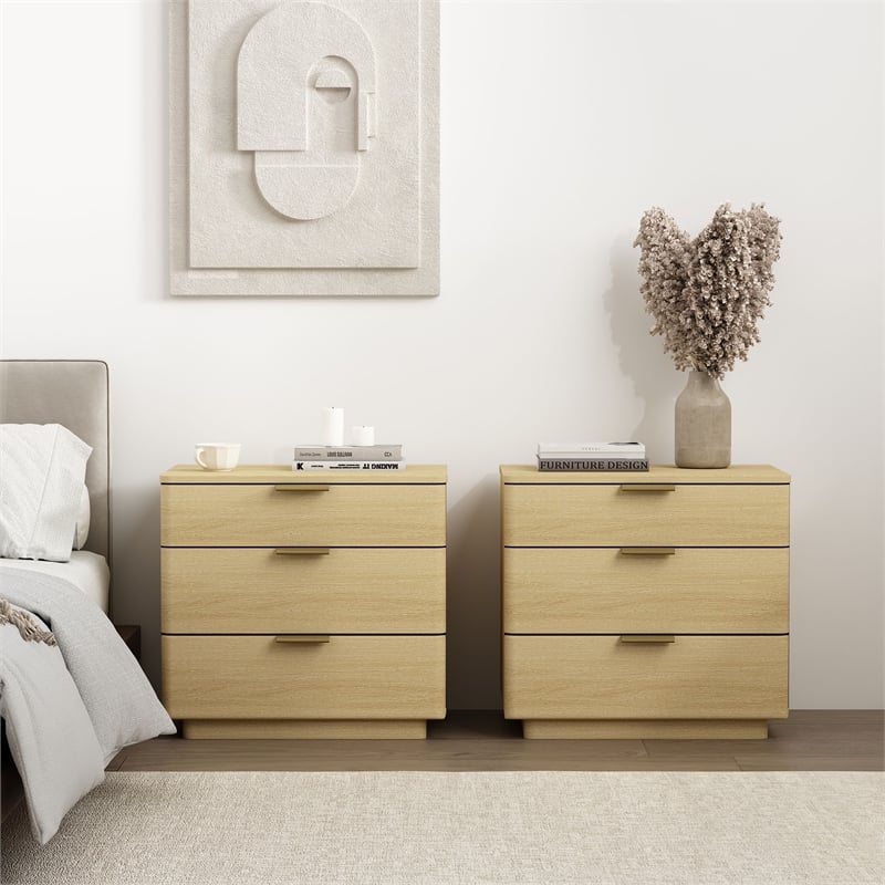 Payton Modern Nightstand with 6 Drawers in Natural Oak and Gold - Set of 2