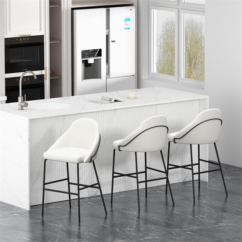 Gracie White and Black Leatherette Barstool with Steel Legs - Set of 3