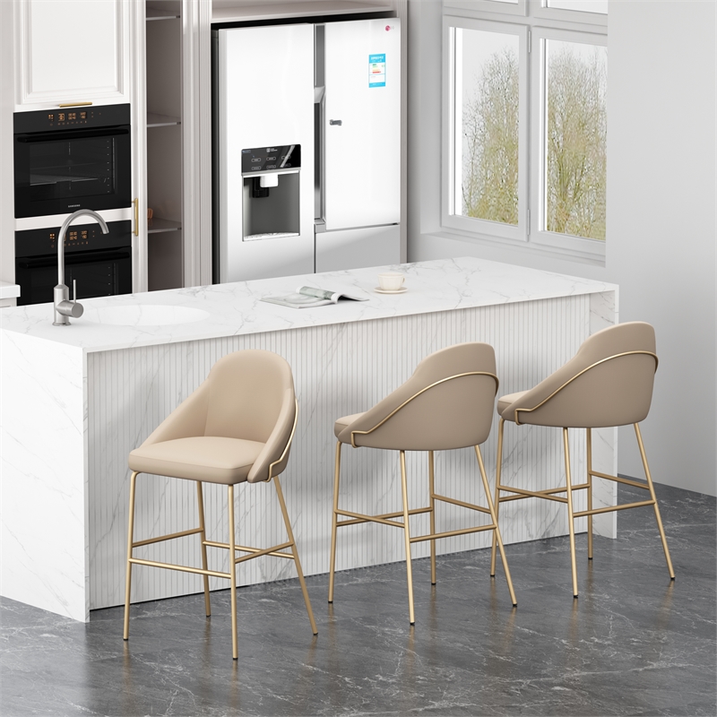 Gracie Tan and Gold Leatherette Barstool with Steel Legs - Set of 3