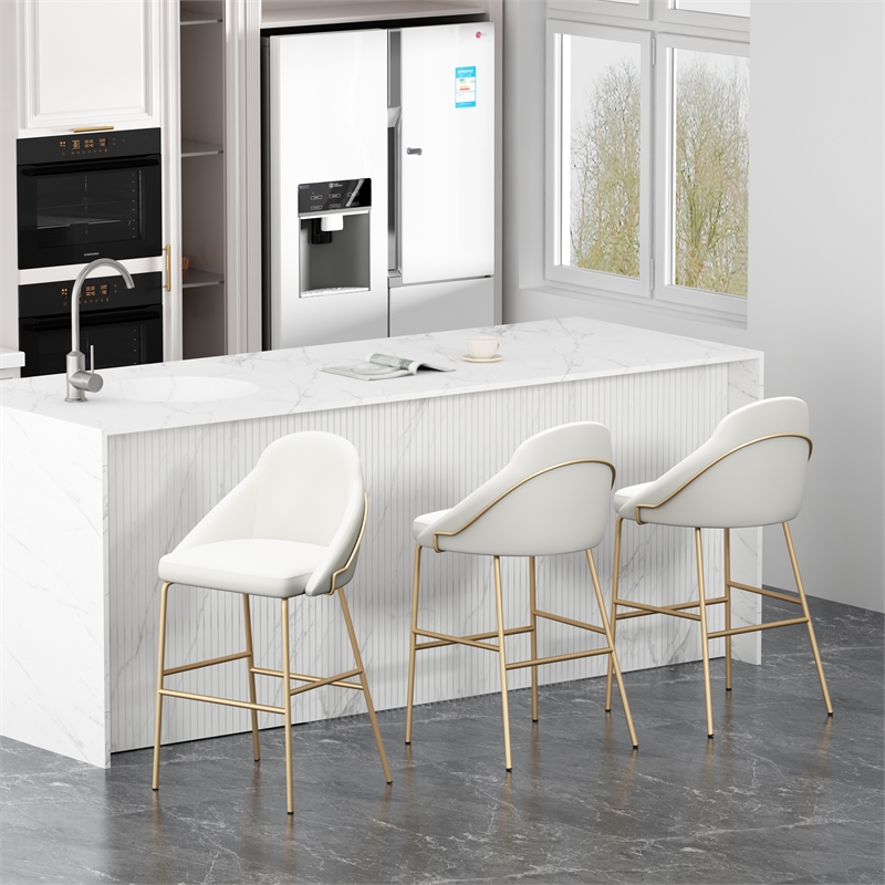 Gracie White and Gold Leatherette Barstool with Steel Legs - Set of 3