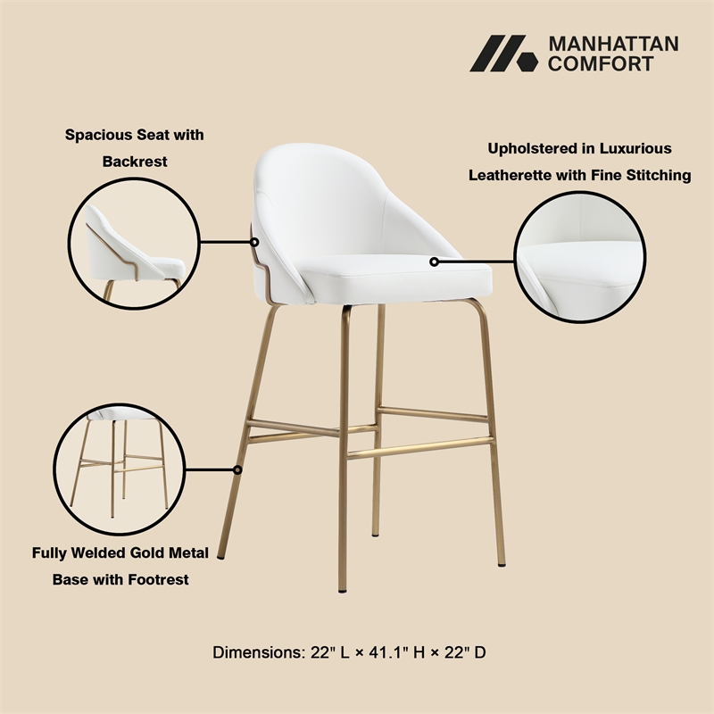 Gracie White and Gold Leatherette Barstool with Steel Legs - Set of 3