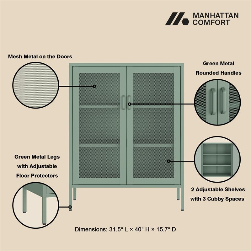 Amelia Modern 31.5 Accent Cabinet with 3 Adjustable Shelves in Green