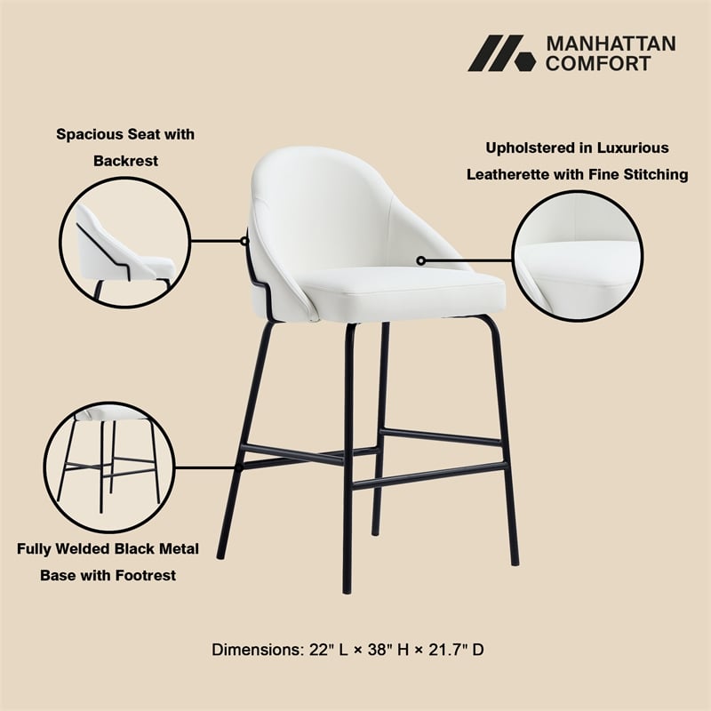 Gracie White and Black Leatherette Counter Stool  with Steel Legs