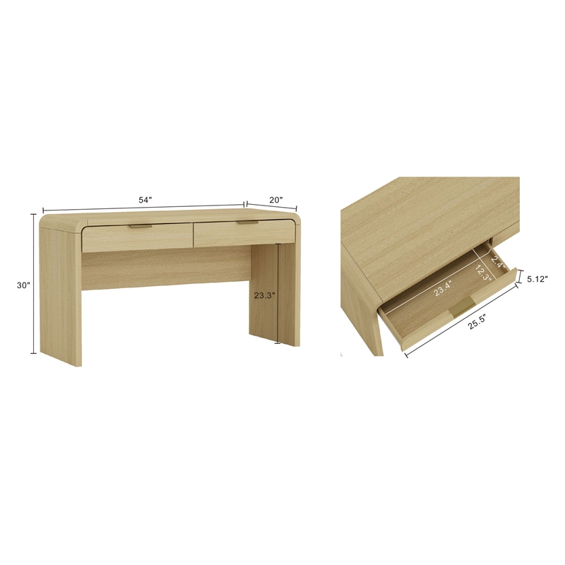 Grace Modern 54 Home Office Desk with 2 Drawers in Natural Oak and Gold