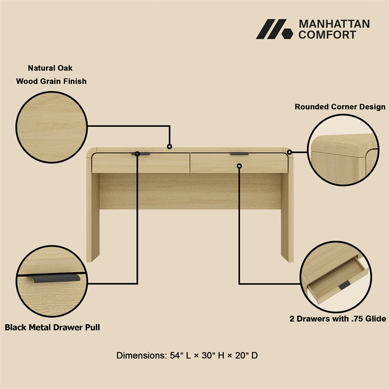 Grace Modern 54 Home Office Desk with 2 Drawers in Natural Oak and Black
