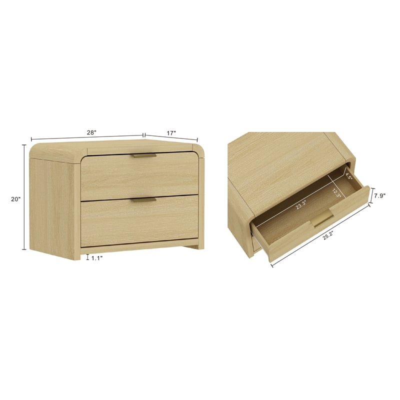 Grace Modern Nightstand with 2 Drawers in Natural Oak and Gold