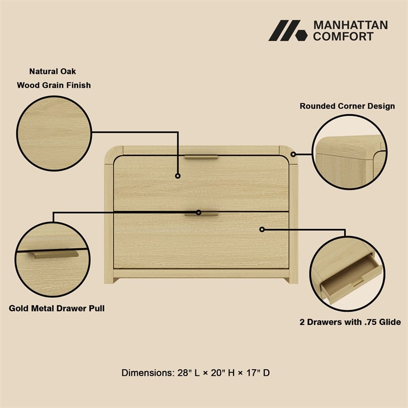 Grace Modern Nightstand with 2 Drawers in Natural Oak and Gold