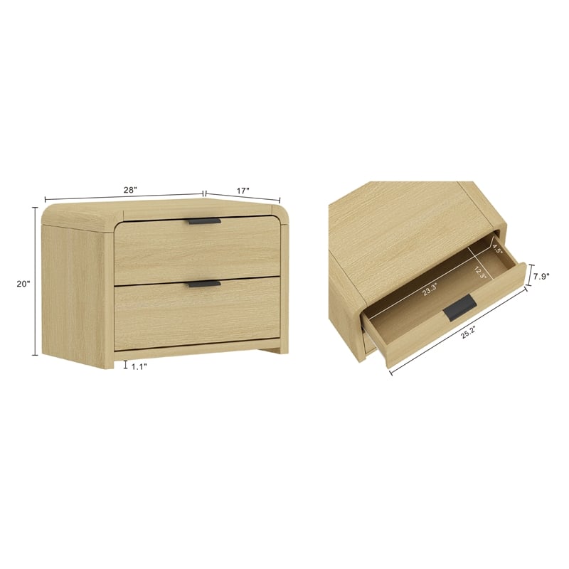 Grace Modern Nightstand with 2 Drawers in Natural Oak and Black