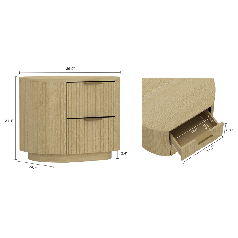 Olivia Modern Nightstand with 2 Drawers in Natural Oak and Gold