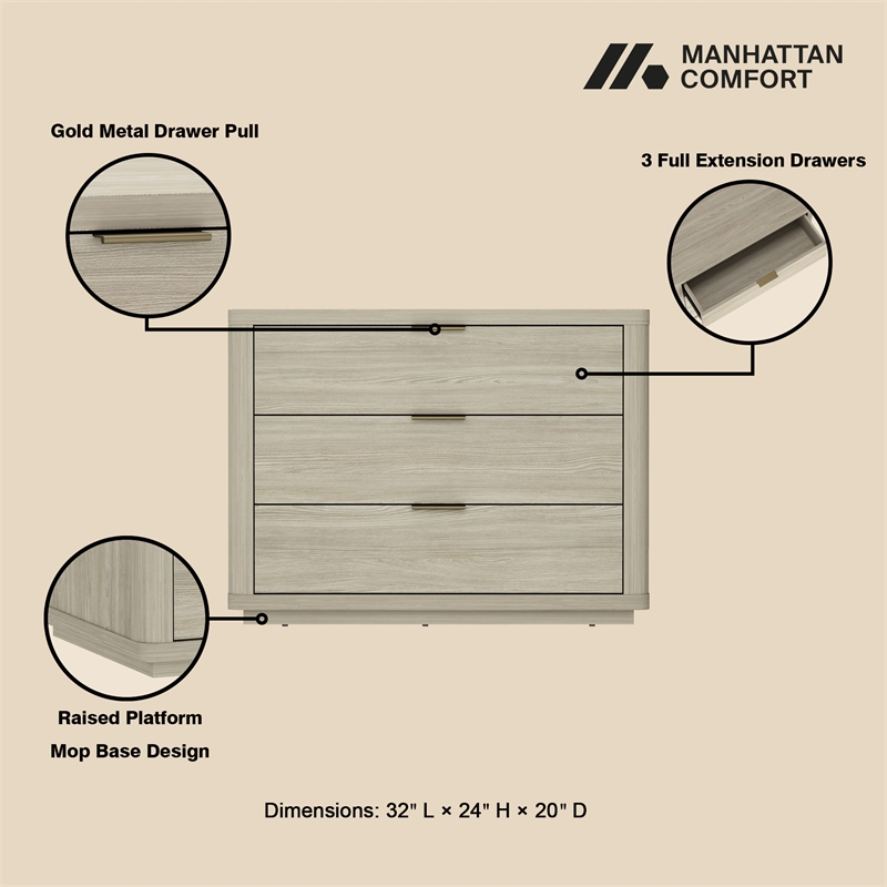 Evelyn Modern 32 Nightstand 4.0 with 3 Full Extension Drawers in Natural