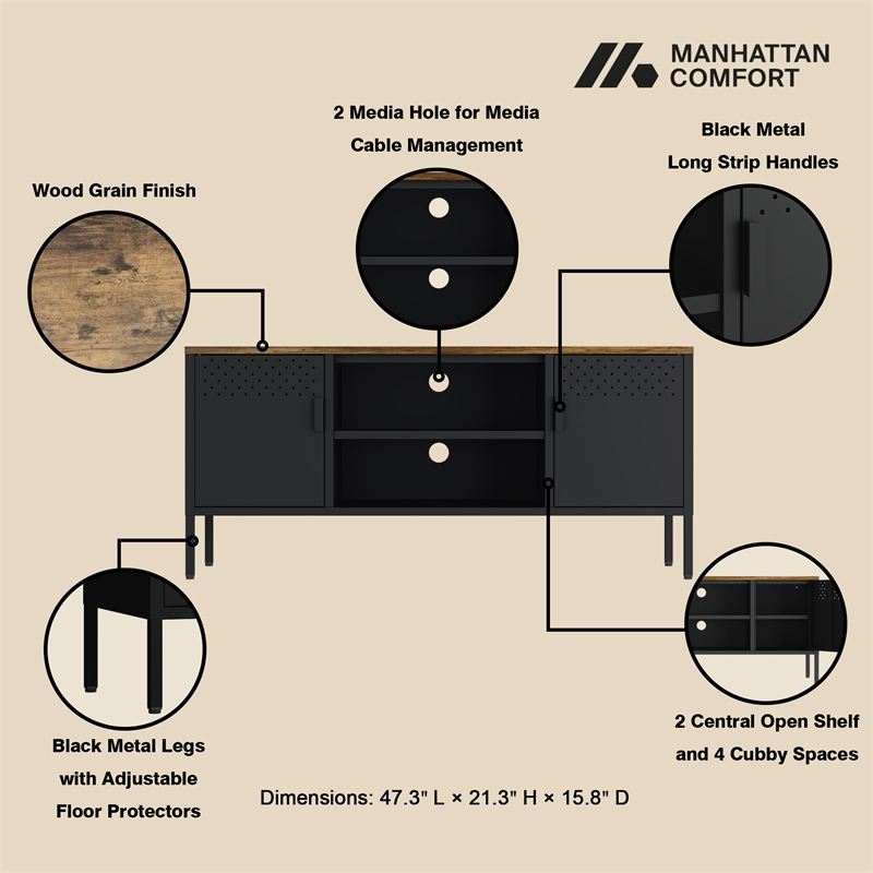Landen Modern 47 TV Stand with 6 Fixed Shelves in Black