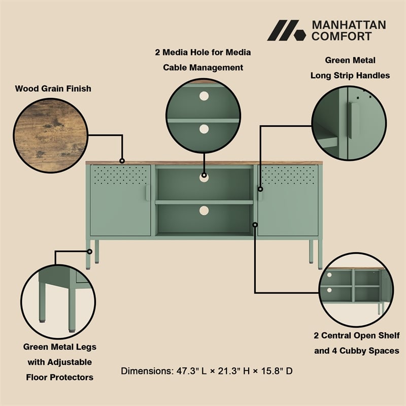 Landen Modern 47 TV Stand with 6 Fixed Shelves in Green