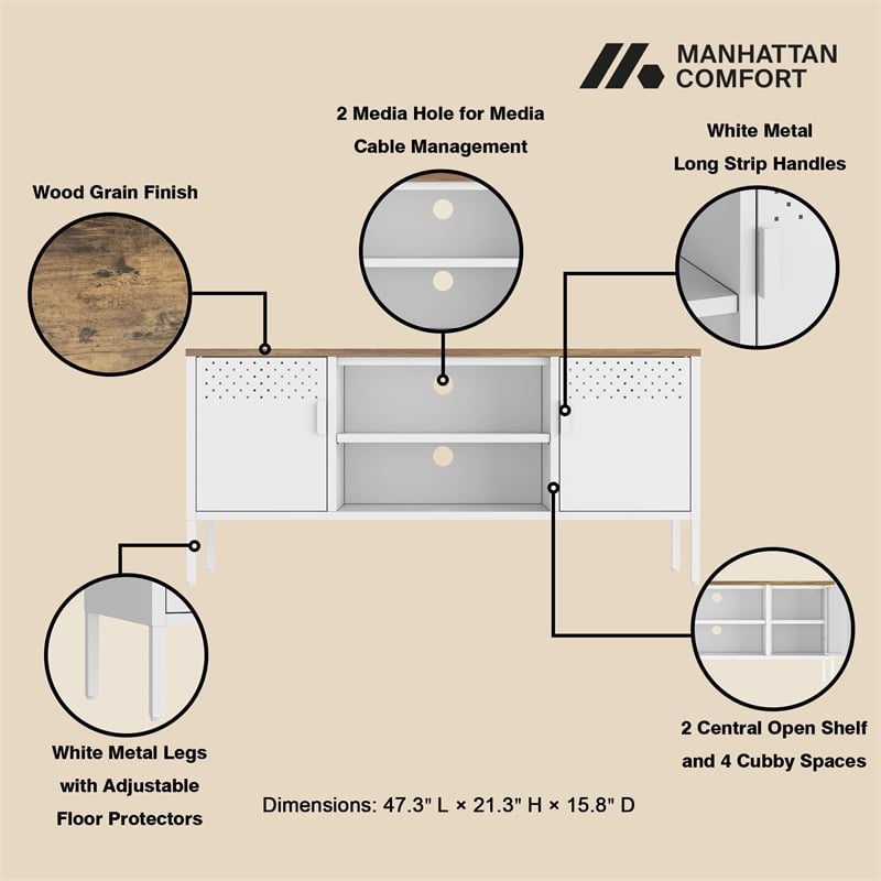 Landen Modern 47 TV Stand with 6 Fixed Shelves in White