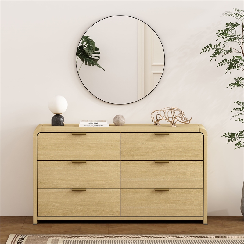 Grace Modern 60 Double Dresser with 6 Drawers in Natural Oak and Gold