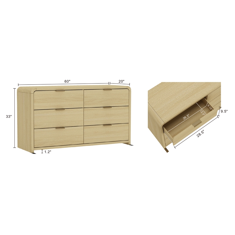 Grace Modern 60 Double Dresser with 6 Drawers in Natural Oak and Gold