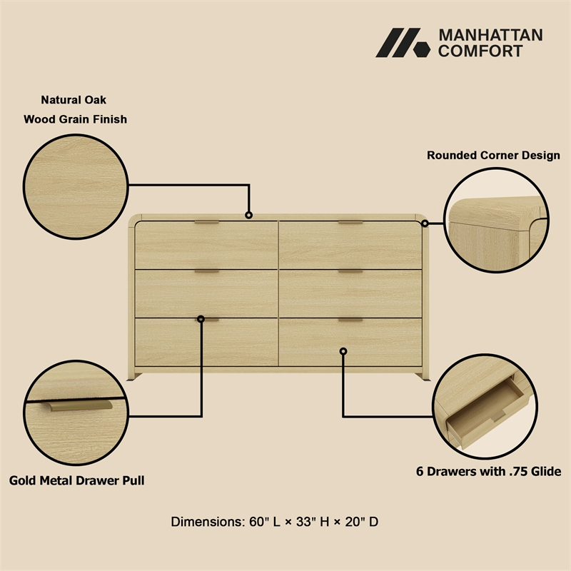 Grace Modern 60 Double Dresser with 6 Drawers in Natural Oak and Gold