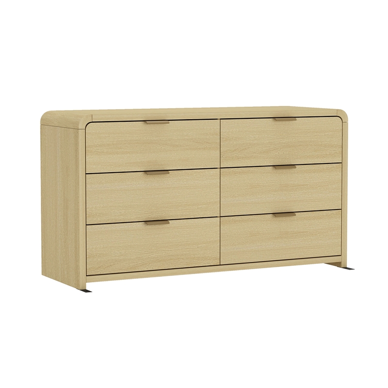 Grace Modern 60 Double Dresser with 6 Drawers in Natural Oak and Gold